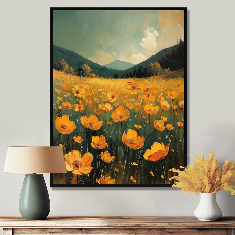 Décoration murale orange bouton d'or noir Meadow Bliss II - boutons d'or, H 44 po x l 34 po x P 1,5 po
