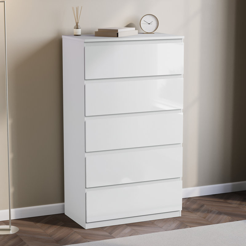 5 Drawer High Gloss Chest, (FSC 100%), Bedroom Home Storage Furniture, White