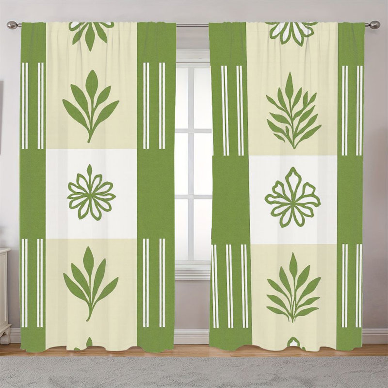 2 pièces rideaux à motif abstrait vert à motif floral, rideaux bohème rustique moderne avec passe-tringle pour salon, cuisine, décoration, textile de maison, traitement
