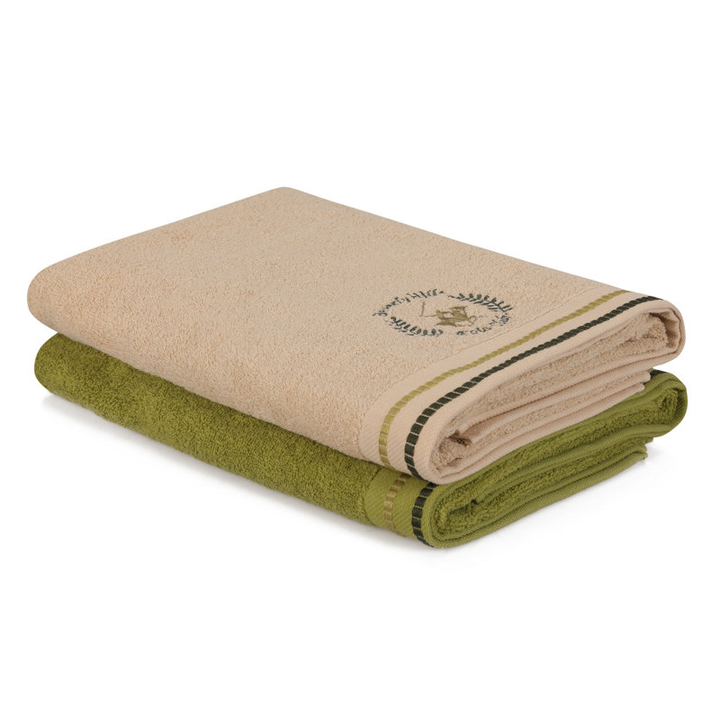 Ensemble de 2 serviettes de bain 100% coton, Kaki, crème