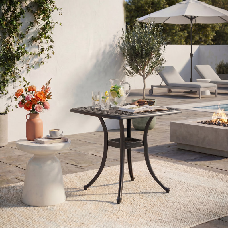 21.25" Cast Aluminum Patio Side Table, Outdoor Square Bistro Table With Umbrella Hole, Rustproof Garden Coffee Table For Balcony, Backyard, Poolside
