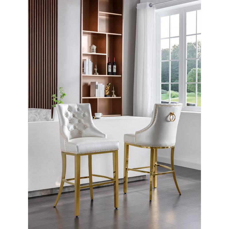 Kairin Upholstered Counter Stool, Barstool (45" Seat Height), White / Gold