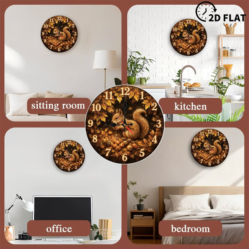 autumn squirrel clock leaves nuts design