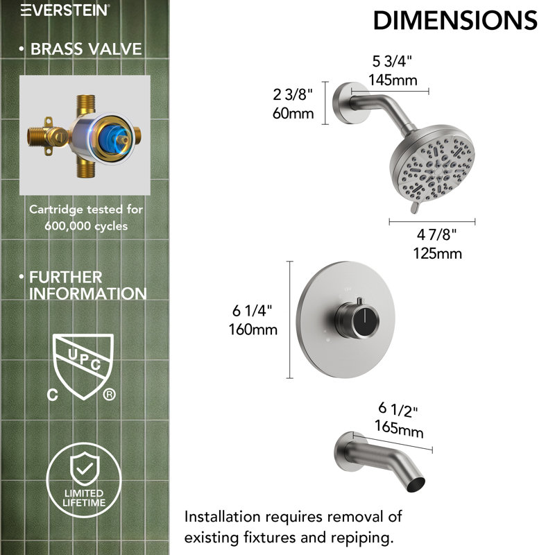 Shower Faucet Set with 5-Spray Rain Shower Head and Pressure Balance Valve, Tub Spout Included, Brushed Nickel
