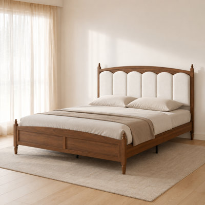 King Size Platform Bed Frame with Upholstered Headboard, Mid-Century Farmhouse Style Bed Frame