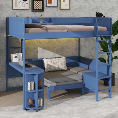 Full-Size Wooden Loft Bed, Equipped With Desk, Bedside Storage, Couch, And Lighting System