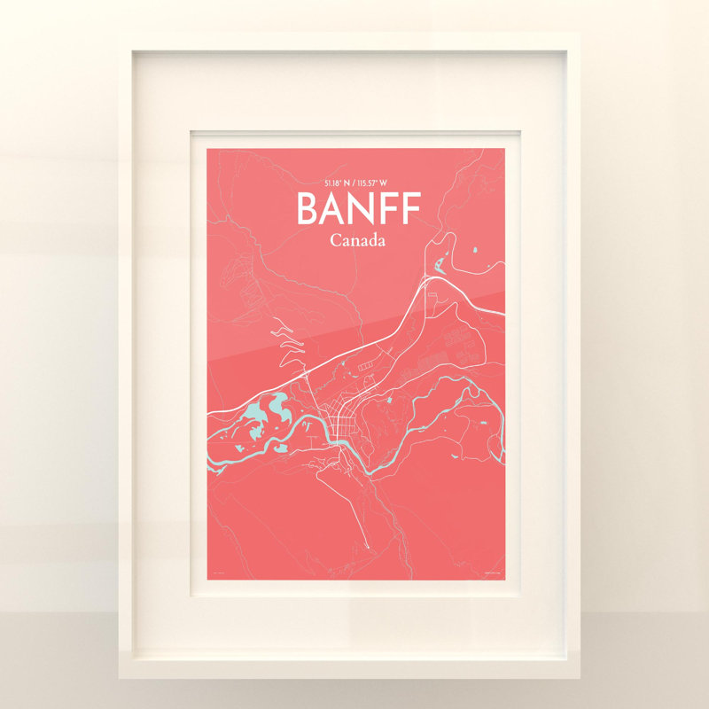 Banff, carte de la ville, impression, H 24 po x l 18 po, Rose / bleu pastel