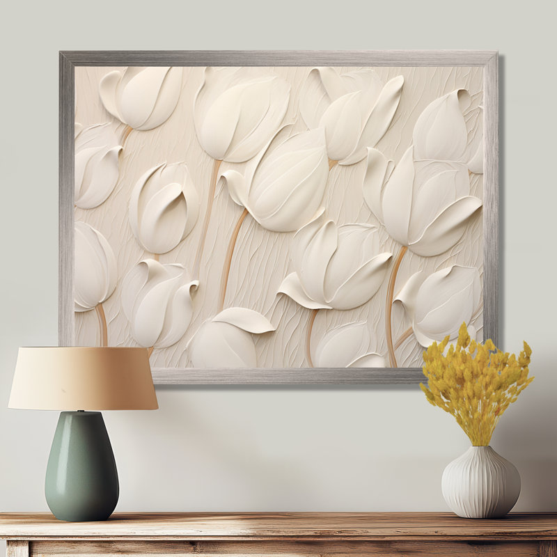 Minimalisme, tulipes blanches symphonie - tulipes, art mural, Cadre photo unique, H 12 po x l 20 po, Argent argent