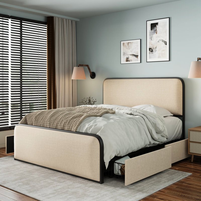 Très grande base de lit très grand moderne avec tête de lit tapissier courbée et 4 tiroirs de rangement, matériau de revêtement, capacité de poids de 800 lb, capacité inférieure