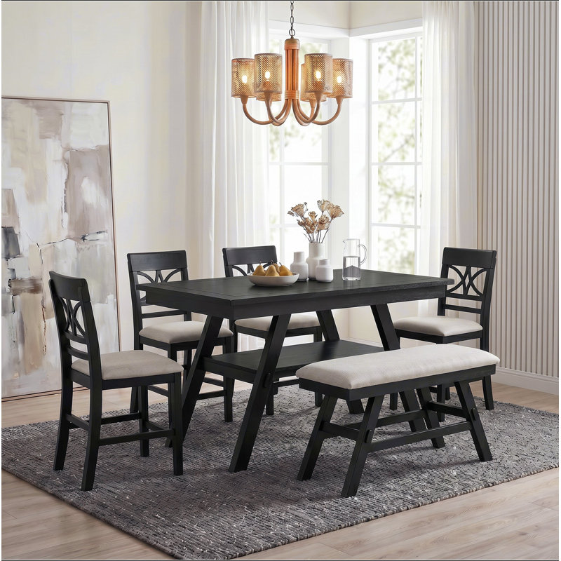 Ensemble de table de salle à manger 6 pièces à hauteur de comptoir en bois avec tablette de rangement, ensemble de table de cuisine avec banc et 4 chaises, style rustique