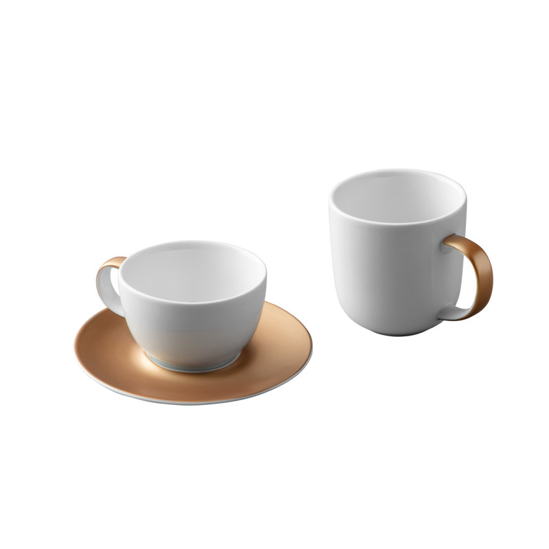 BergHOFF GEM Porcelain 3Pc Coffee And Tea Set, Mug, Cup & Saucer, White & Gold