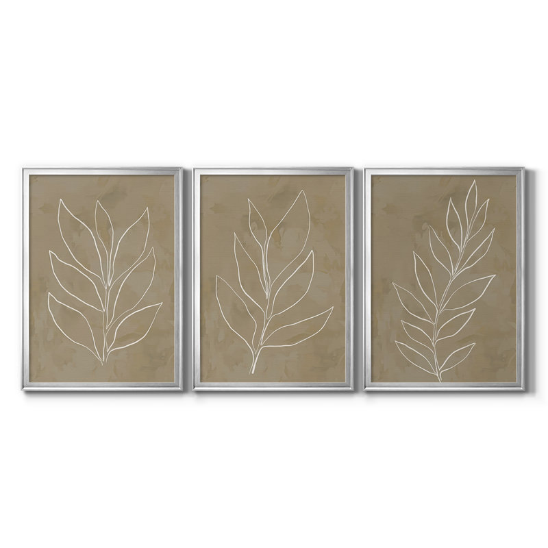 Leaf Line Art I - Toile tendue avec châssis sur mesure - 3 pièces, H 19 po x l 45 po, Argent argent