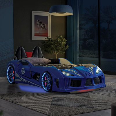 Conception de voiture de course pour lit simple avec deux portes magnétiques avec lumières DEL sur roulettes et finition bleue