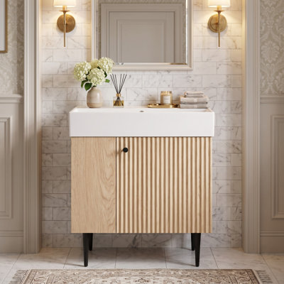 Meuble-lavabo autoportant en bois naturel 21,6 po, meuble-lavabo simple en céramique avec compartiment de rangement intégré à gauche, pieds de support en métal doré, meuble de rangement compact pour salle de bain, robinet non inclus