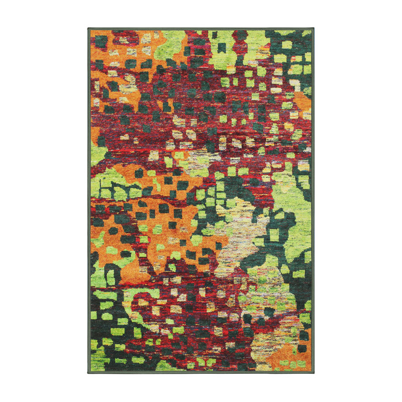 Tapis de zone rouge/vert/orange contemporaine, Rectangle 6 pi x 9 pi