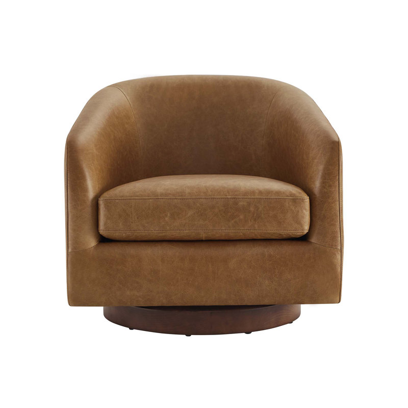 Bennett Genuine Leather Swivel Barrel Chair With Ottoman, Marseille Brown Genuine Leather