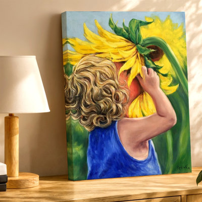 Fille qui sent le tournesol, peinture à l'huile, figure florale sur toile, reproduction de couleur assortie