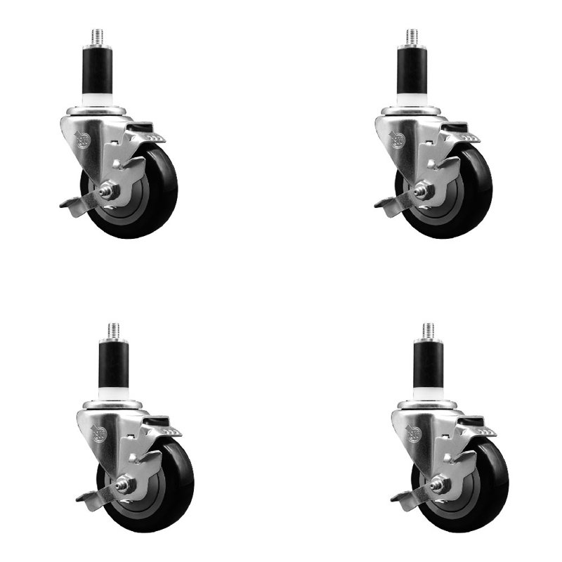 3.5 Inch SS Blue Poly Swivel 1-3/8 Inch Expanding Stem Caster Set with Brake SCC, Black