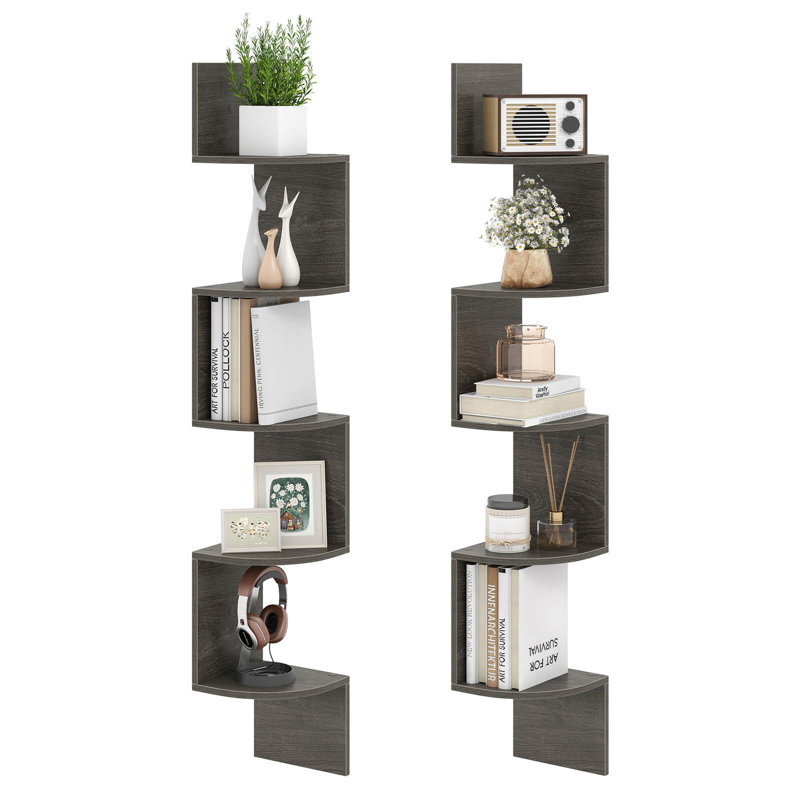 2 PCS Floating Bookshelf with Safe Round Edge Space-Saving Plant Display Shelf Gray