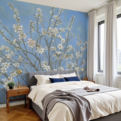 Peel and Stick Wallpaper Cherry Blossom Branches Soft Blue Textured Elegant Floral Spring Wall Murals 100"H x 144"W Removable PVC Wall Paper Self-Adhesive Wall Decor for Bedroom Living Room Home Office