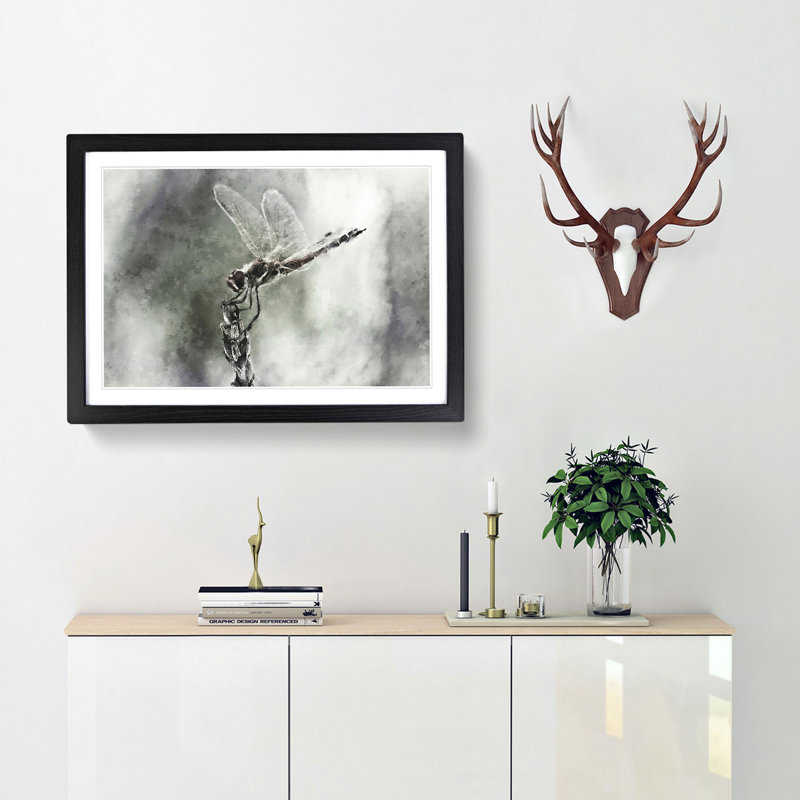 Perched Dragonfly - Picture Frame Graphic Art Print, 62cm H x 87cm W x 2cm D, Black