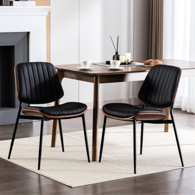 2Pcs Mid-Century Modern Dining Chairs, Faux Leather Upholstery Seat And Walnut Back, Metal Legs With Adjustable Foot, Lovely For Room, Black Pu 2 Mid Century Style Covered Seat, Legs, Ergonomic