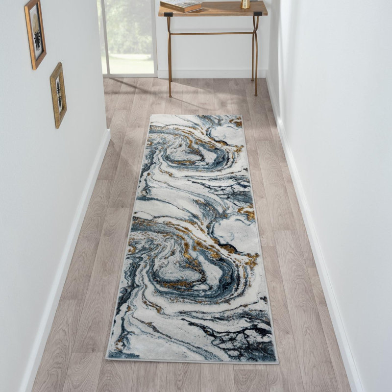 Gangleri Blue Gold Marble Area Rug, Runner 2' x 7'