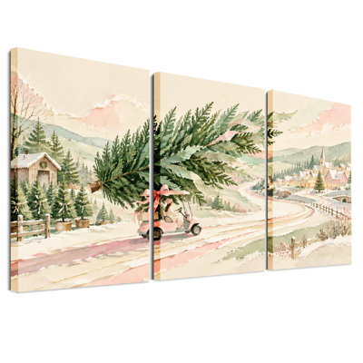 Voiturette de golf rose avec sapin géant en hiver - Ensemble de 3 toiles murales de Noël