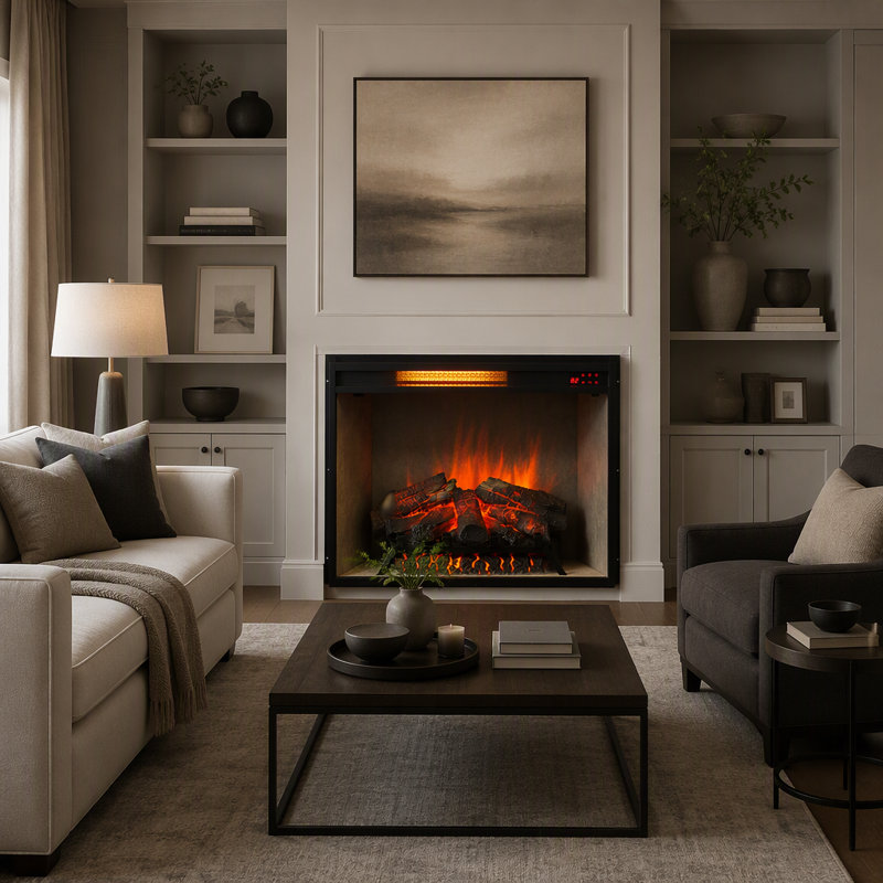 Foyer électrique infrarouge encastré de 71 cm (28 po), panneau tactile, chauffage décoratif, flammes réalistes, 4 couleurs et 5 niveaux de réglage.