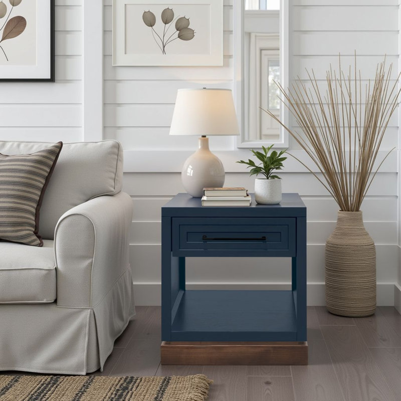 Table de bout Katoria en bois massif d'une largeur de 22 pouces avec un tiroir, aucun assemblage requis, Bleu
