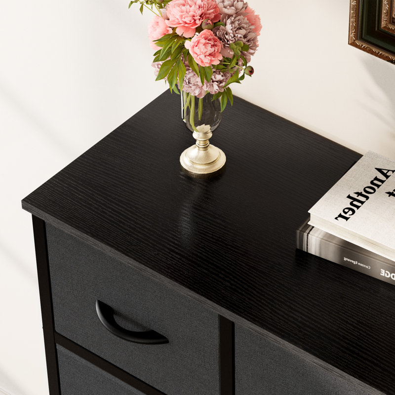 Commode en tissu à 9 tiroirs avec plateau en bois et commode l 39,37 po Charvi, Gris / Noir