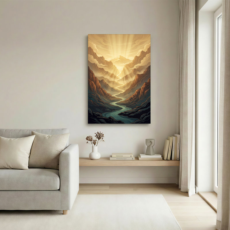 «Teal River Winding Through Golden Mountain Canyon», art mural, 48"H x 32"W