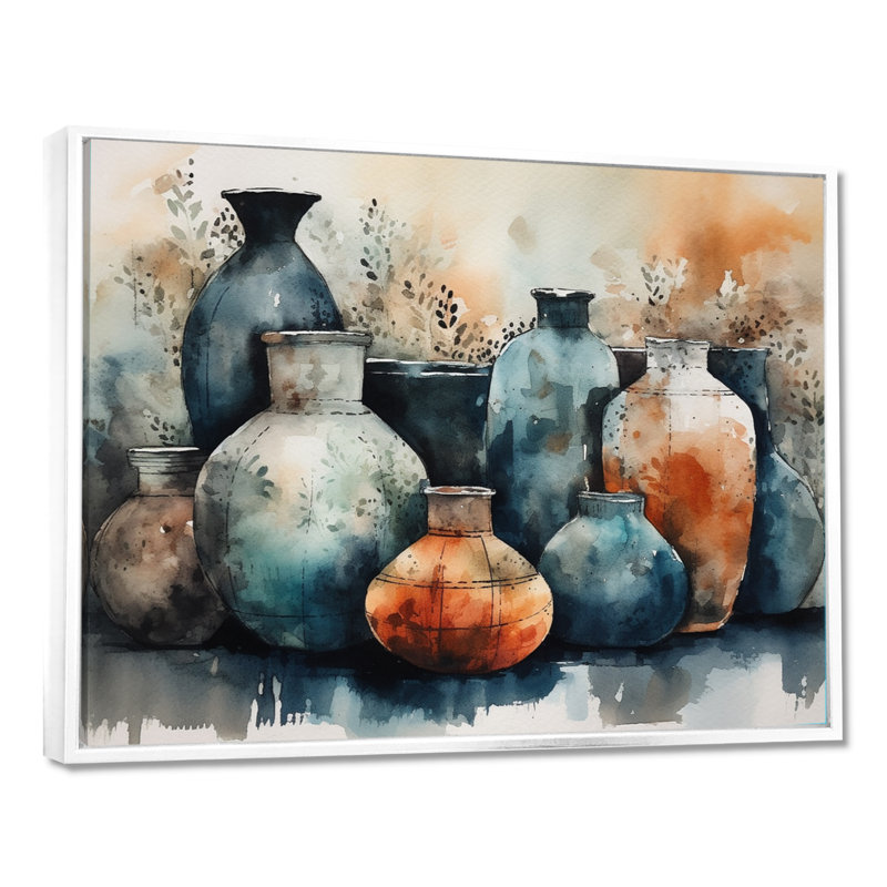 Art mural bleu et orange Kamani - art mural Boho Pottery II, H 24 po x l 32 po x P 1 po, Cadre flottant blanc
