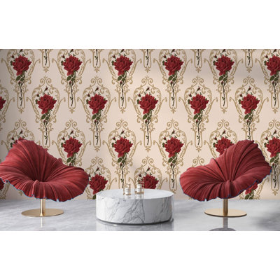 Murale damassé rose rouge | Papier peint à motif floral baroque | Non-tissé ou pelez et collez