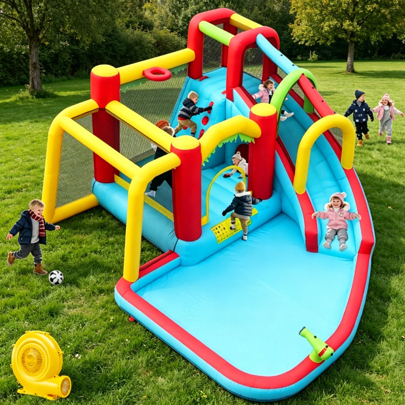 Jeu gonflable de jardin gonflable de 7 pieds et de 7 pouces avec piscine pour éclaboussures, pistolet à eau et mur d'escalade