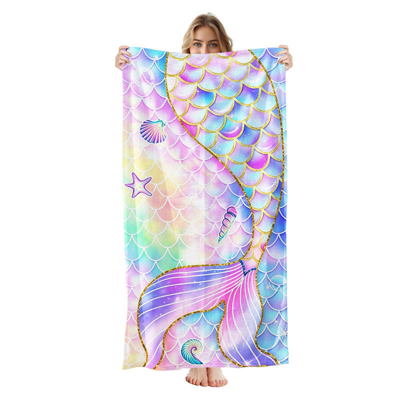  Serviette de plage en microfibre légère, absorbante sans décoloration, 30 po x 60 po, échelle sirène holographique
