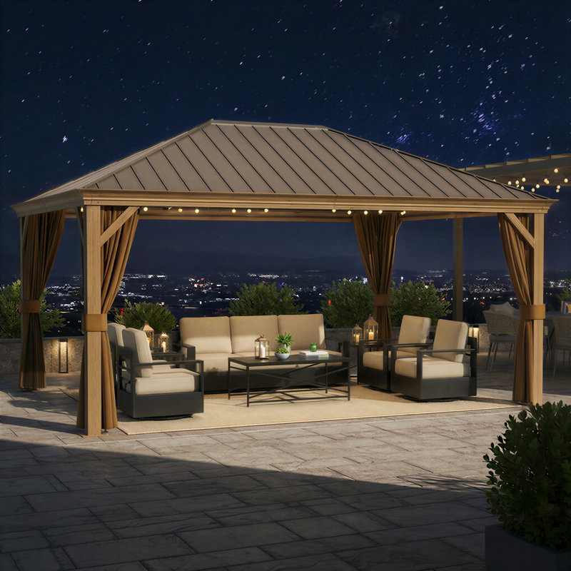 Pavillon de jardin extérieur en acier à toit rigide de 16 pi x l 12 pi avec protection totale en maille et colonne or brossé
