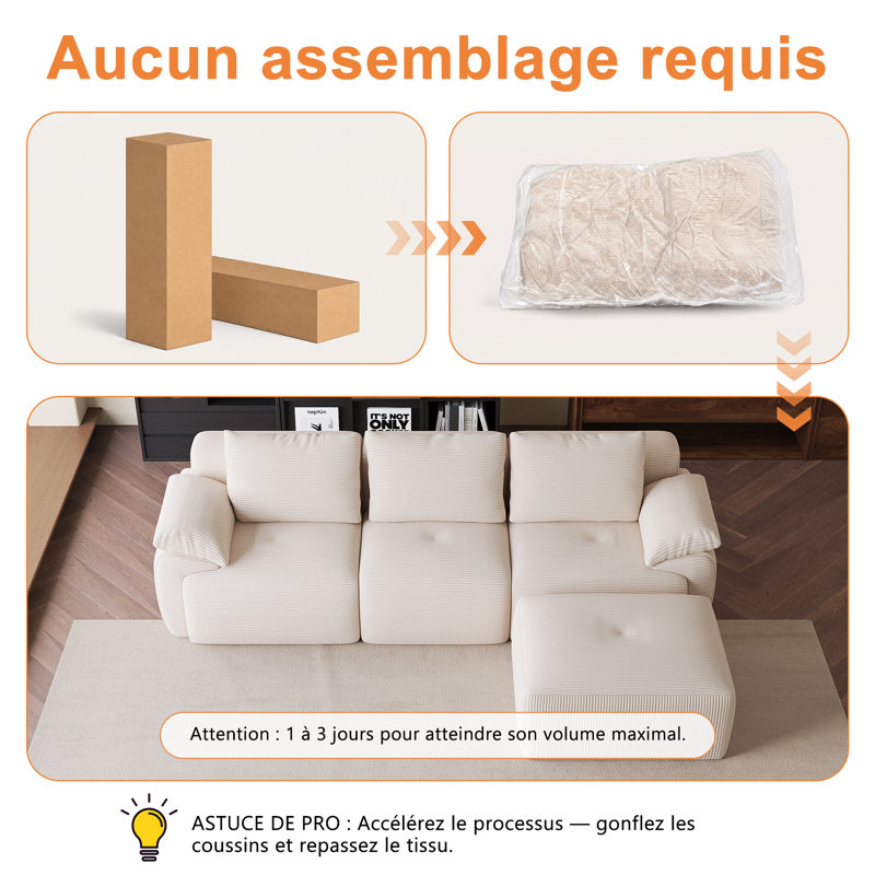 Dark Grey L-Shaped Modular Sofa, No Assembly Compressed Foam Cloud Couch with Corduroy, 264cm, 2 Boxes, Beige