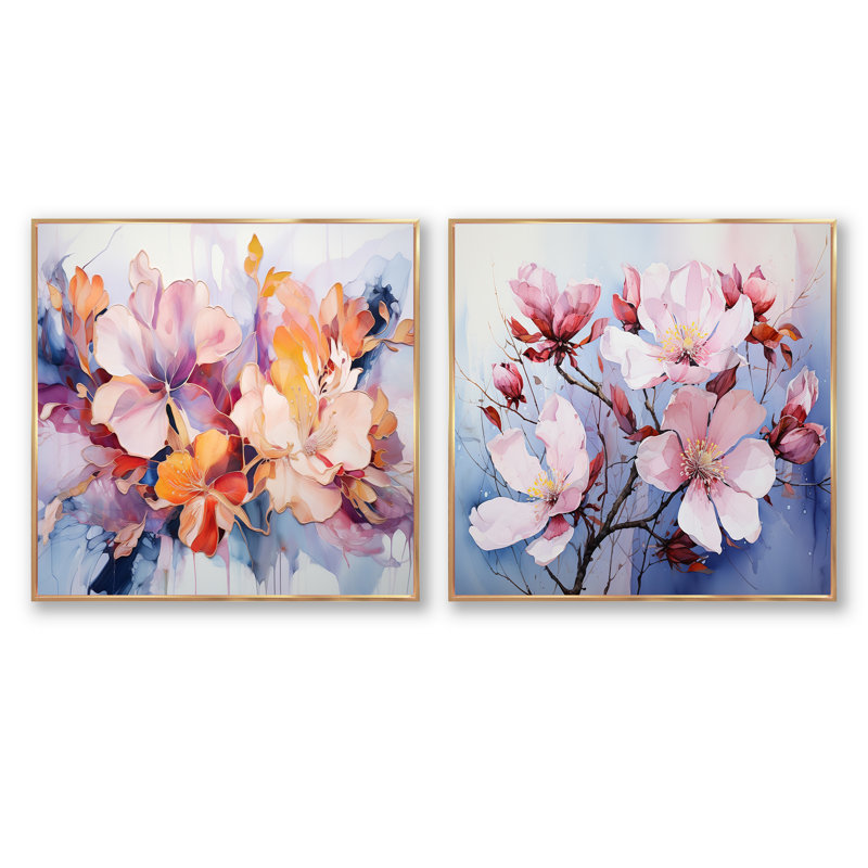 «Purple Botanical Whispers», ensemble de 2 collages carrés botaniques abstraits, Cadre flottant doré, H 16 po x l 33 po