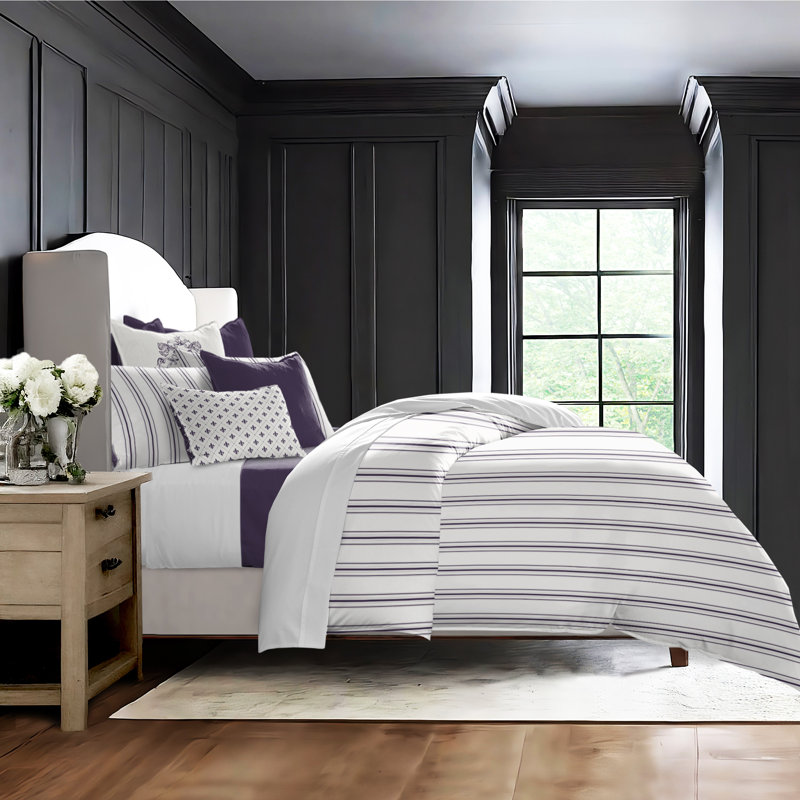 August Stripe Reversible Cotton Duvet Cover Set, Eggplant, Cal.King Duvet Cover + 2 King Shams