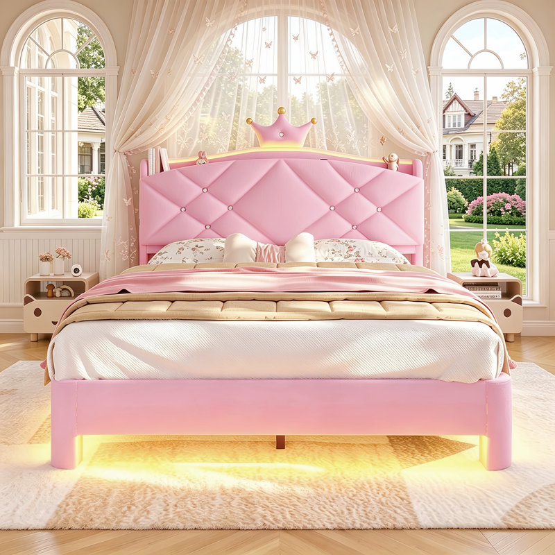 Lit plateforme tapissier en velours avec mobilier de chambre à coucher pour enfants Crown, Double, Rose