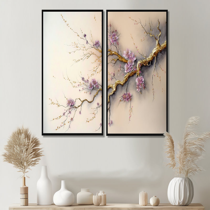 Décoration murale rose et prune cerisier en fleurs V - beige, 2 pièces, H 40 po x l 40 po, Impression encadrée flottante