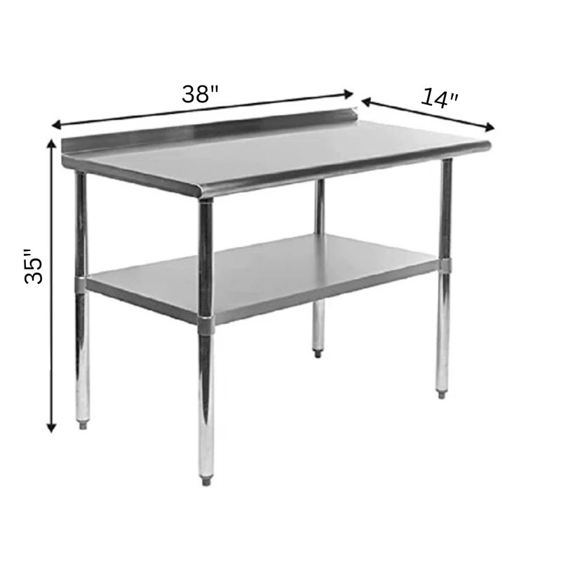 Table de préparation en acier inoxydable H 35 po x l 38 po x P 14 po avec dosseret de 1,5 po et tablette réglable Express KitchQuip