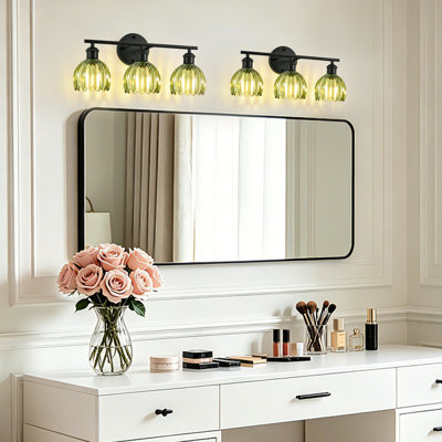 19.3 Inch 3-light Vanity Light Fixtures In Matte Black With Green Tulip Glass Shades, Modern Bathroom Wall Lighting