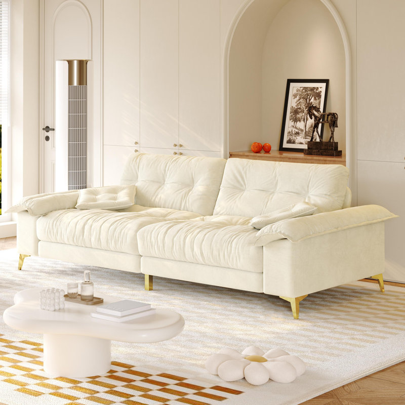 Canapé rembourré 104,7 po rembourré en chenille confortable avec 2 coussins et de larges accoudoirs amovibles, Beige