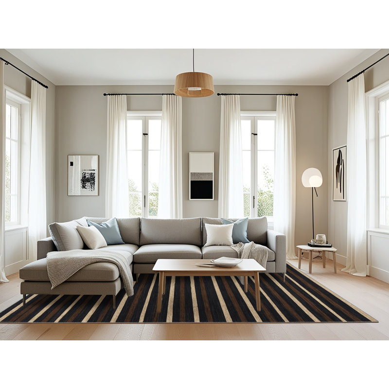 Tapis gris à rayures horizontales lavable à la machine, Rectangulaire 8 pi x 10 pi