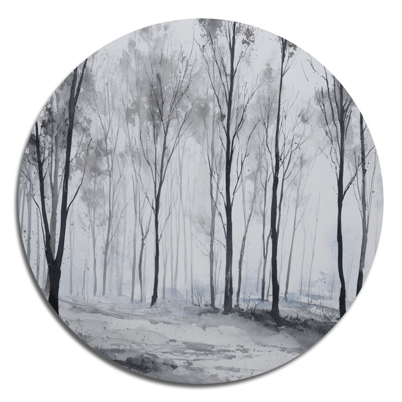 Forêt d'hiver, pins gris et blancs - Décoration murale ronde en métal, L 16 po x H 16 po