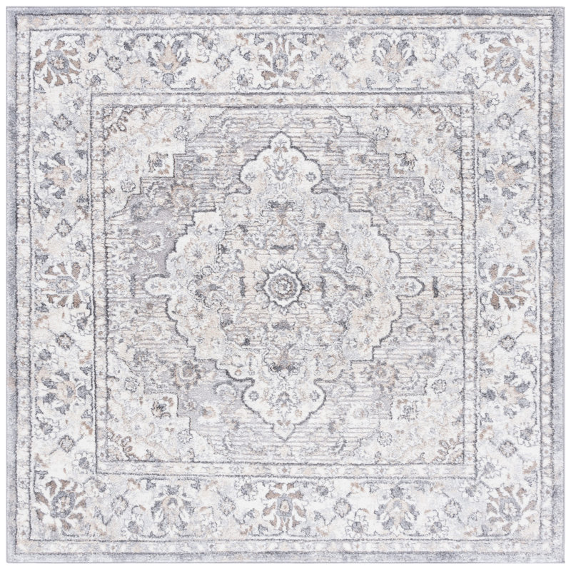 Tapis oriental ivoire / gris en polyester tissé à la machine Hka, Carré 6 pi 7 po