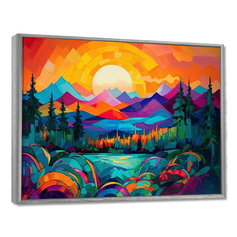 «Vibrant Sunset Shining Over Mountains II», art sur toile, H 12 po x l 20 po x P 1 po, Encadrement argenté