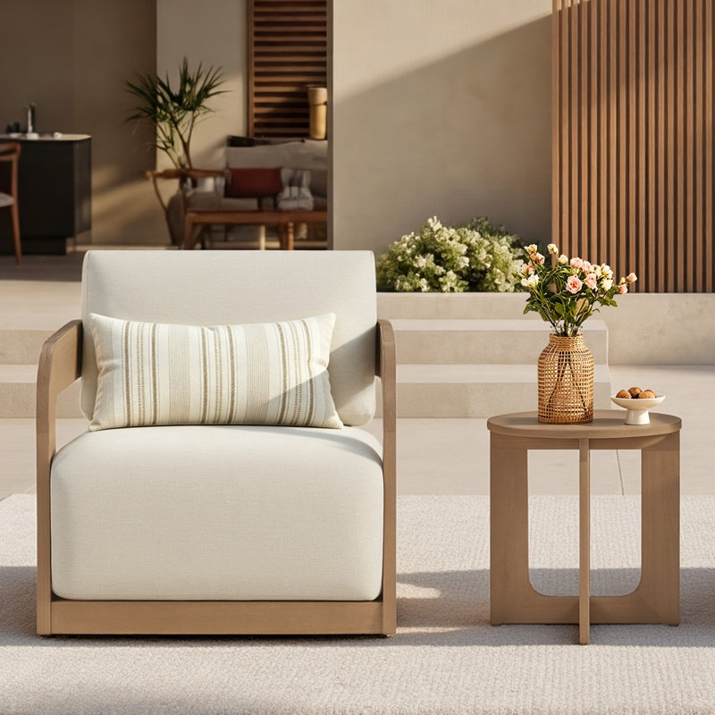 Ensemble d'extérieur 2 pièces avec fauteuil pivotant et table d'appoint géométrique en bois massif